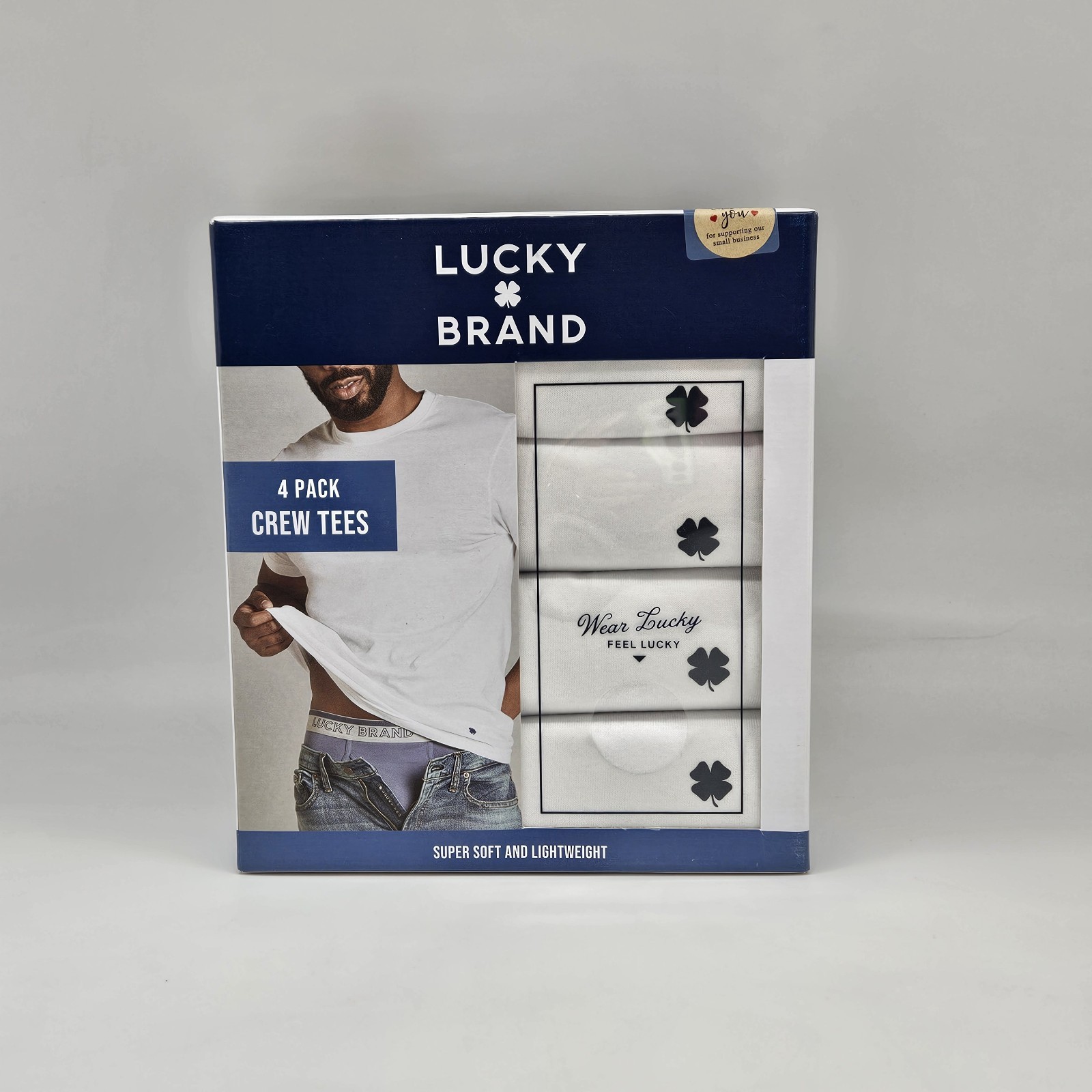 4 Pack LUCKY BRAND Men’s S M L Crew Neck White Cotton Classic Logo T Shirt Set