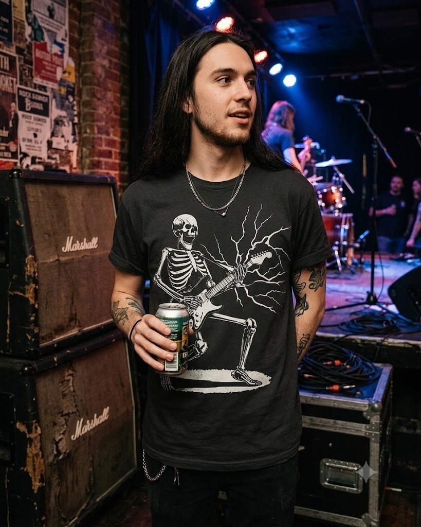 Black Mens Rock & Roll Skeleton Shredding Playing Guitar Band