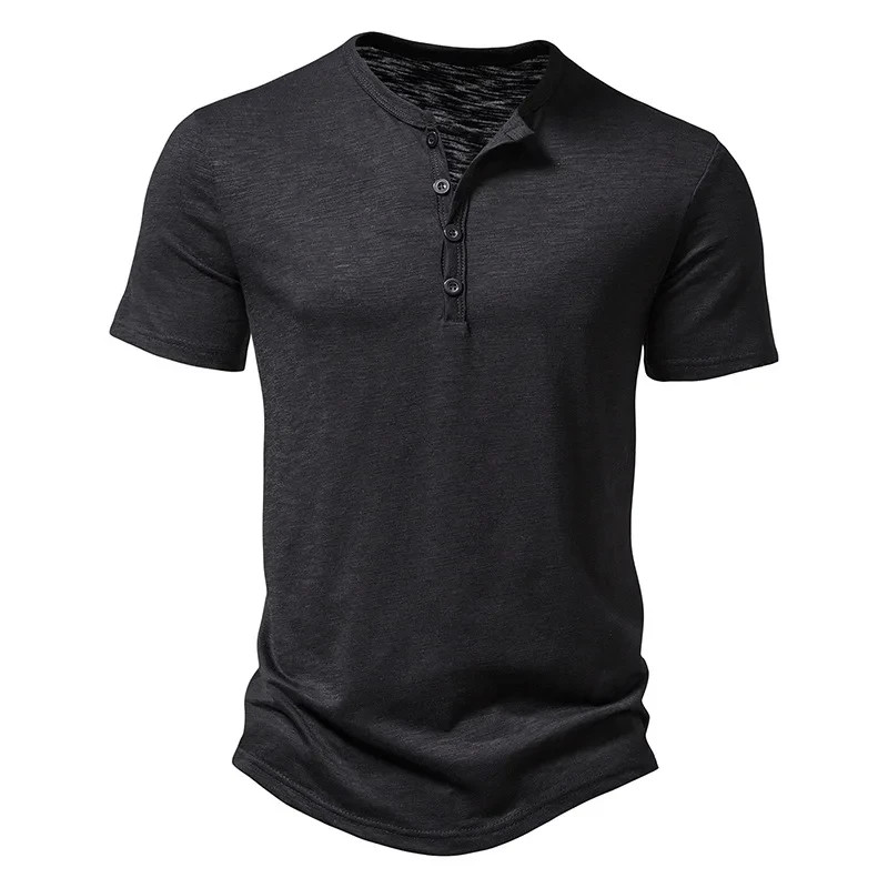 Henley Collar Summer Men Casual Solid Color Short Sleeve T Shirt for Men