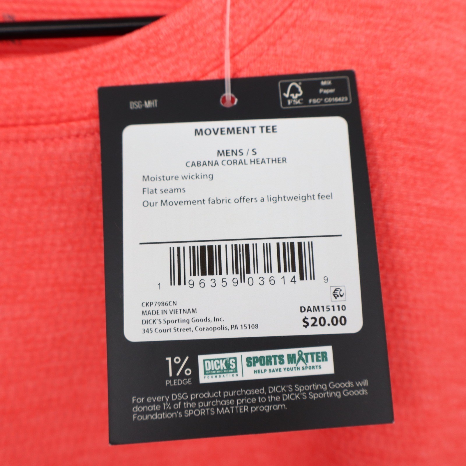 DSG Mens Movement Tee Cabana Coral Heather Short Sleeve Athletic Shirt Small NEW