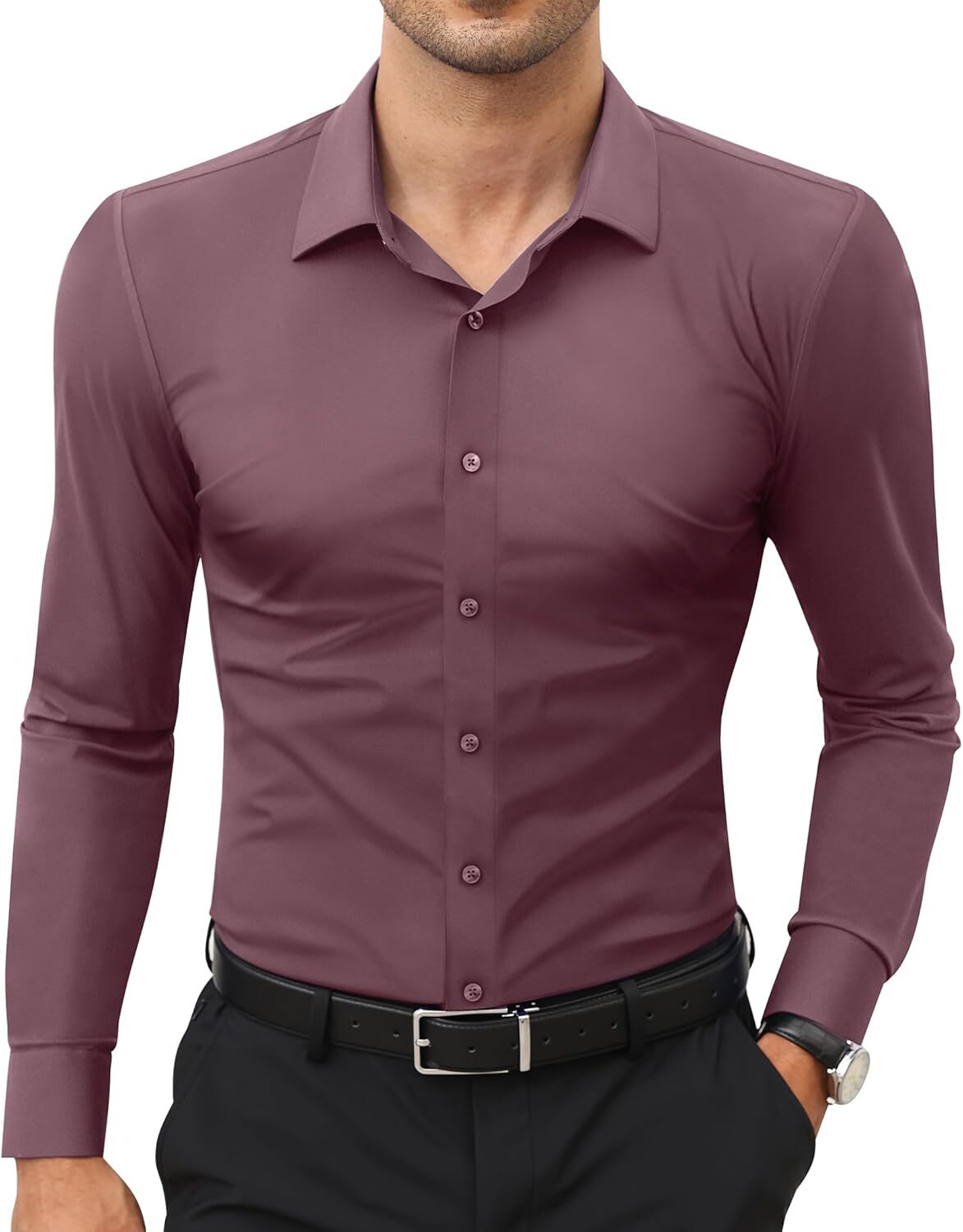 Stretch Slim Fit Wrinkle Free Long Sleeve Dress Shirt for Men Button Down