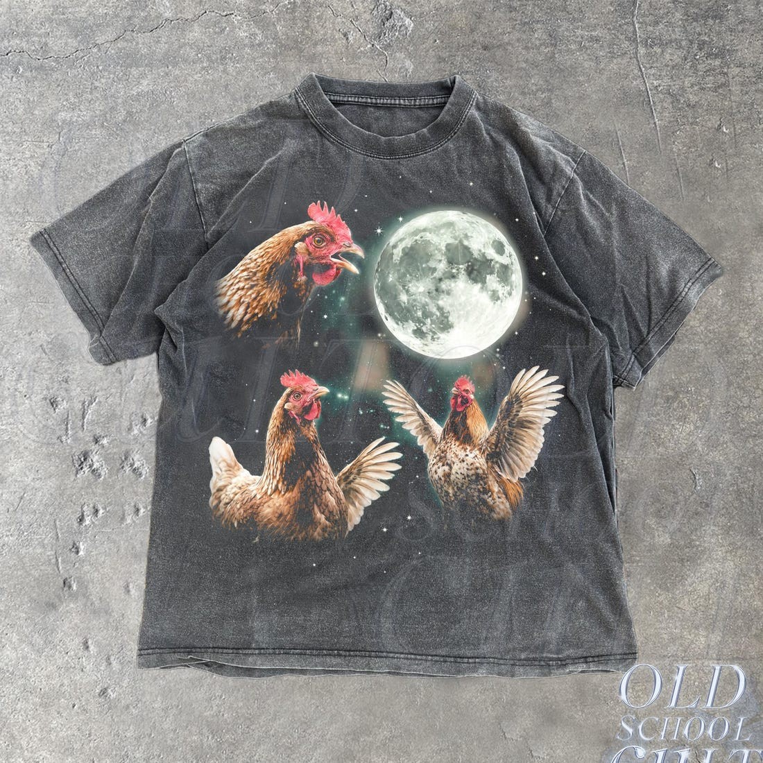 Chicken Howling at Moon Vintage 90s Graphic Shirt, Retro Farm Hen Galaxy