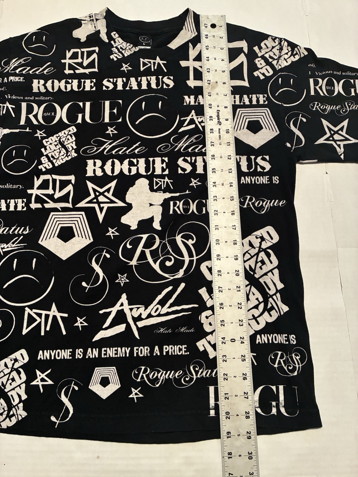 Y2K Rogue Status AOP Skater Black Tshirt Size Large Grunge Streetwear Rob Dyrdek