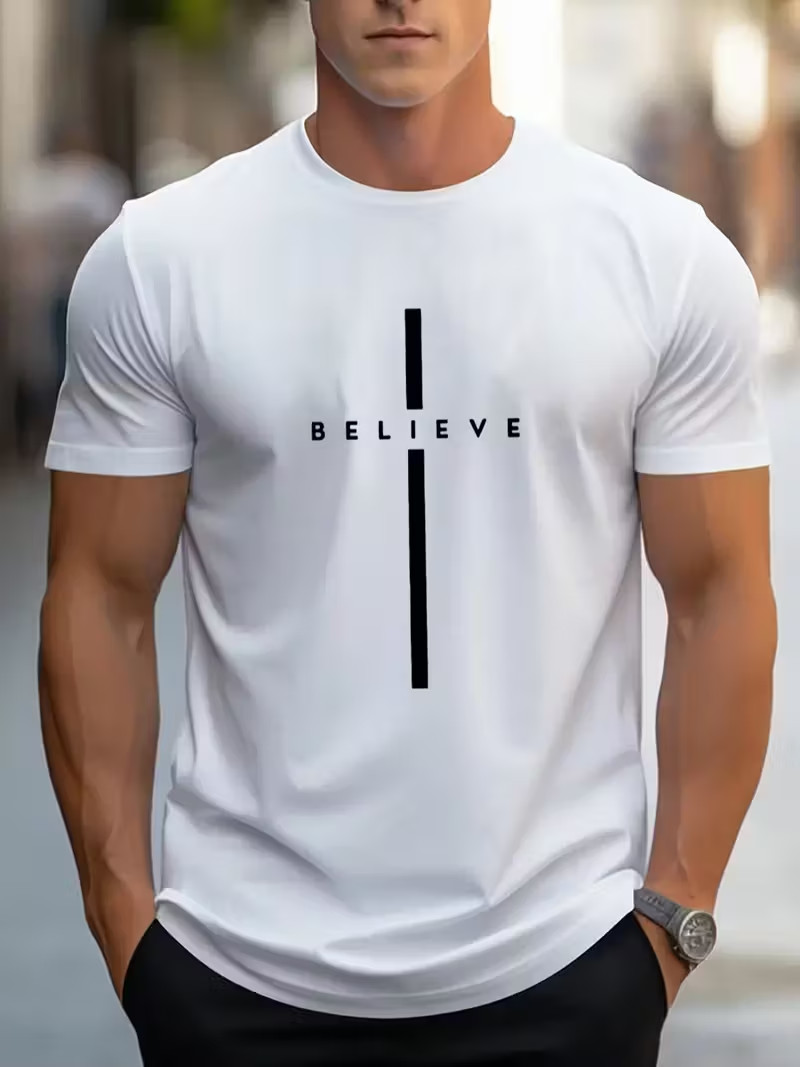 Mens TShirt size- Large Crew Neck Faith Based Believe Cotton ShortSleeves Shirt