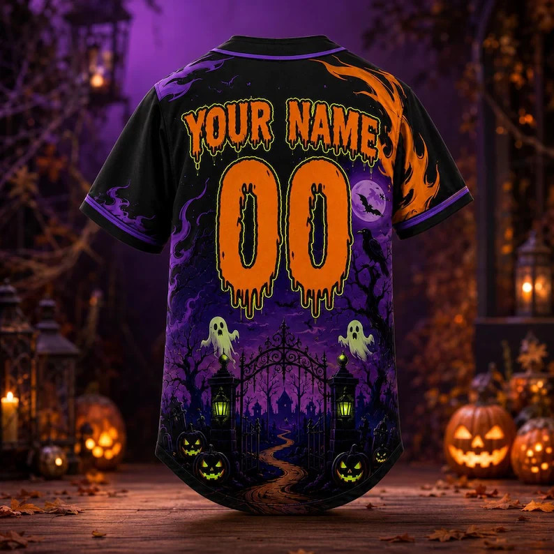 Custom Halloween Spooky Castle & Witch Baseball Jersey, Personalized Name,Number