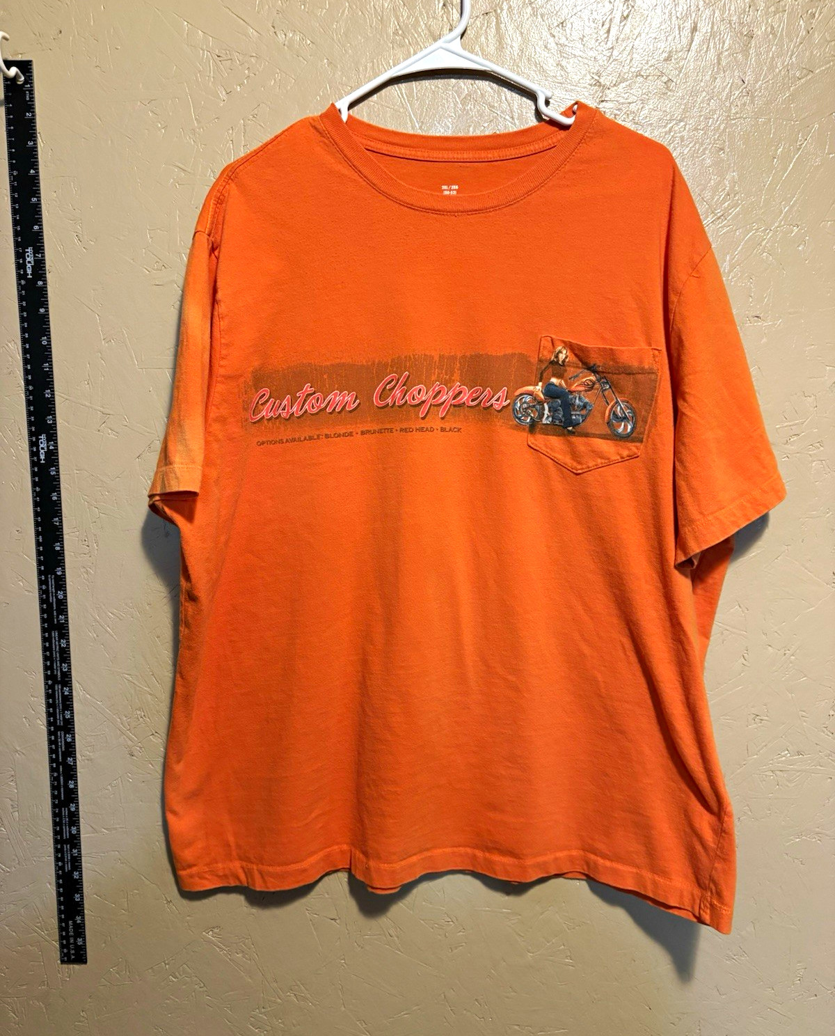 Men’s Biker Motorcycle Graphic Print Orange Cotton Crew Neck Pocket Tee 2XL