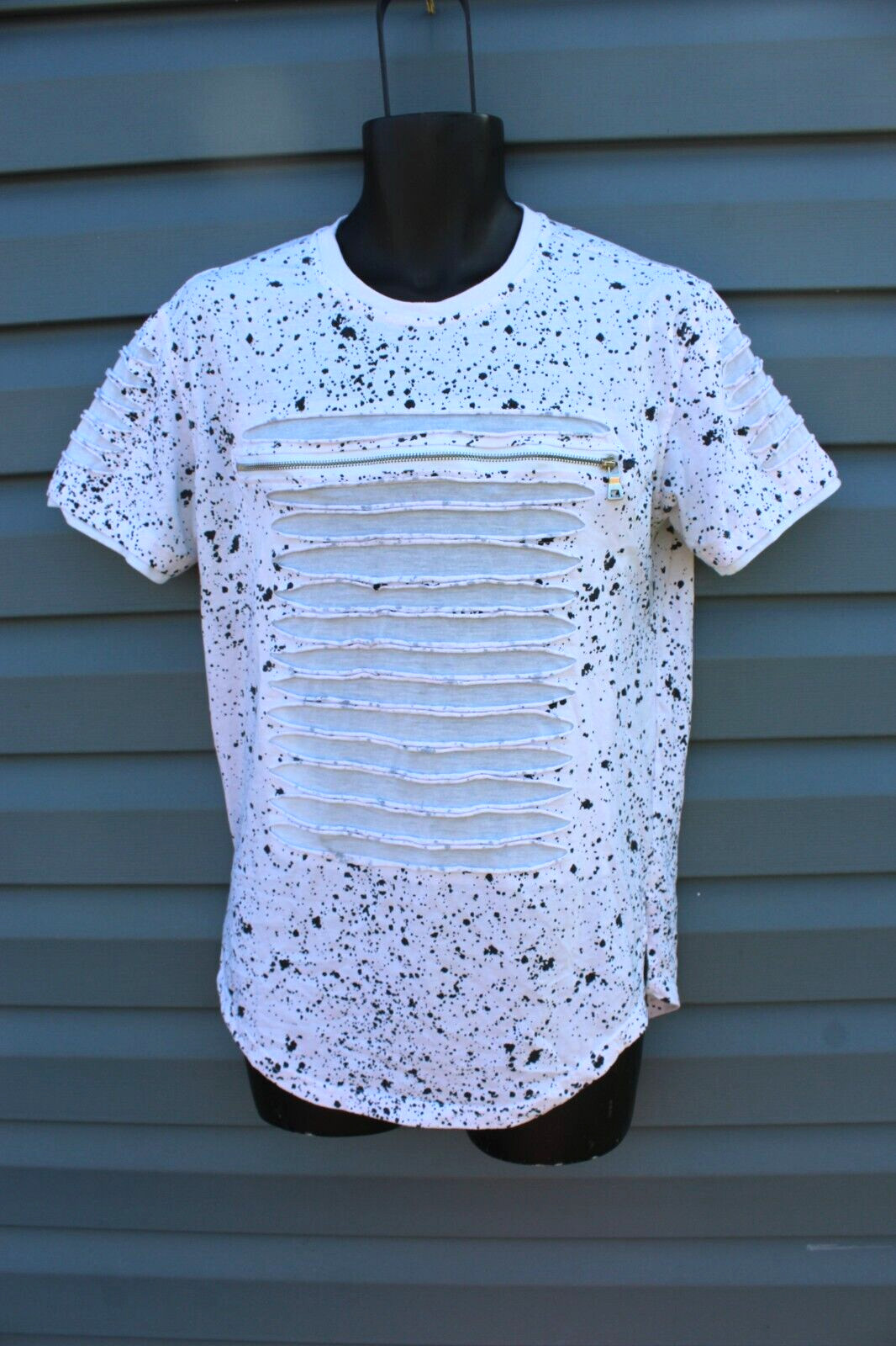 Carbon Short Sleeve Paint Splatter Distressed Shirt Shredded Zipper Size MEDIUM