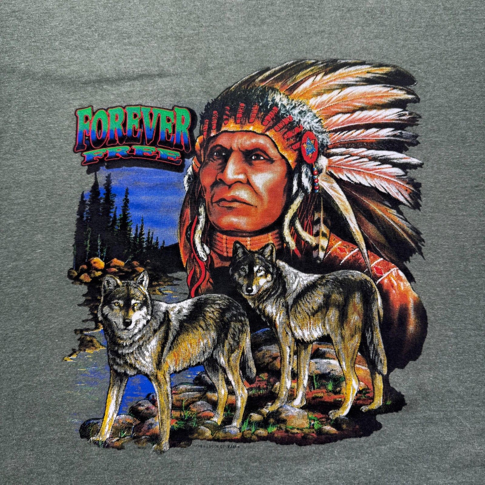 Vintage 90s Forever Free Native American Wolf Heather Graphic T-Shirt – Size XXL