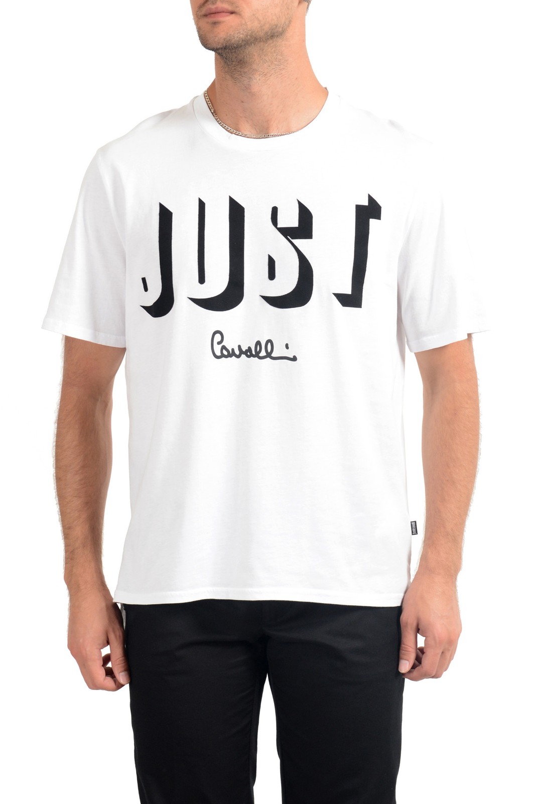 Just Cavalli Men’s White Graphic Print Crewneck T-Shirt US 2XL IT 56