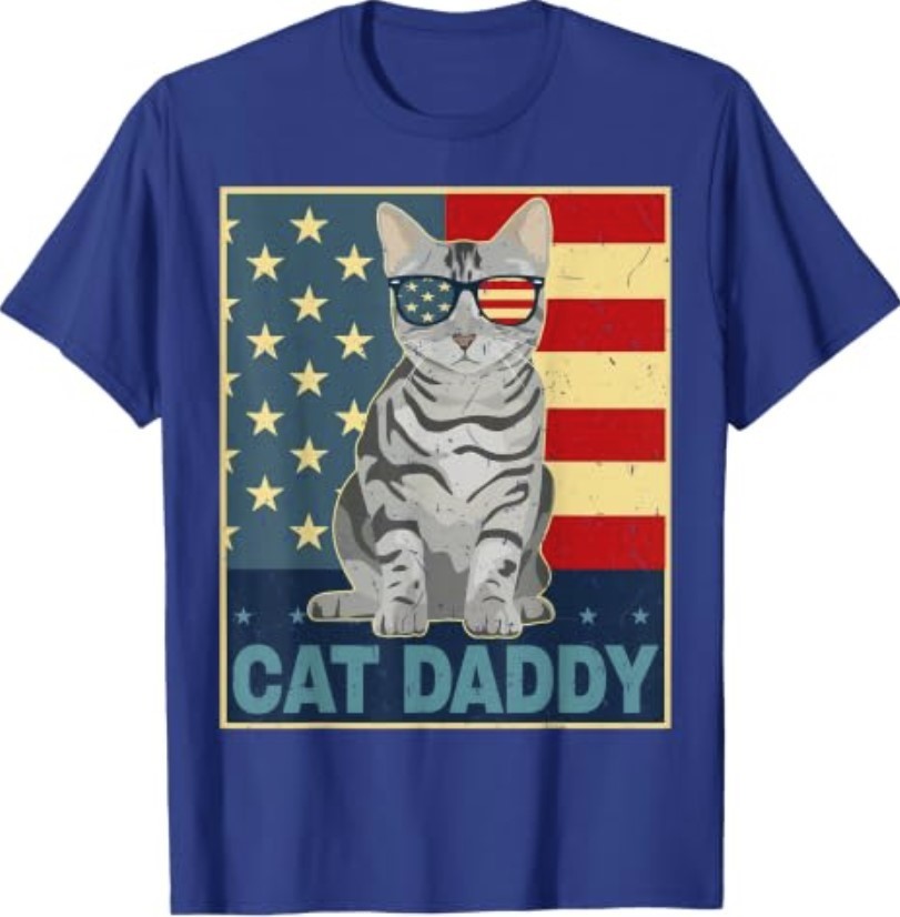 Cat Daddy Tabby Cat Dad Gift Men American Flag Cat Patriotic T-Shirt