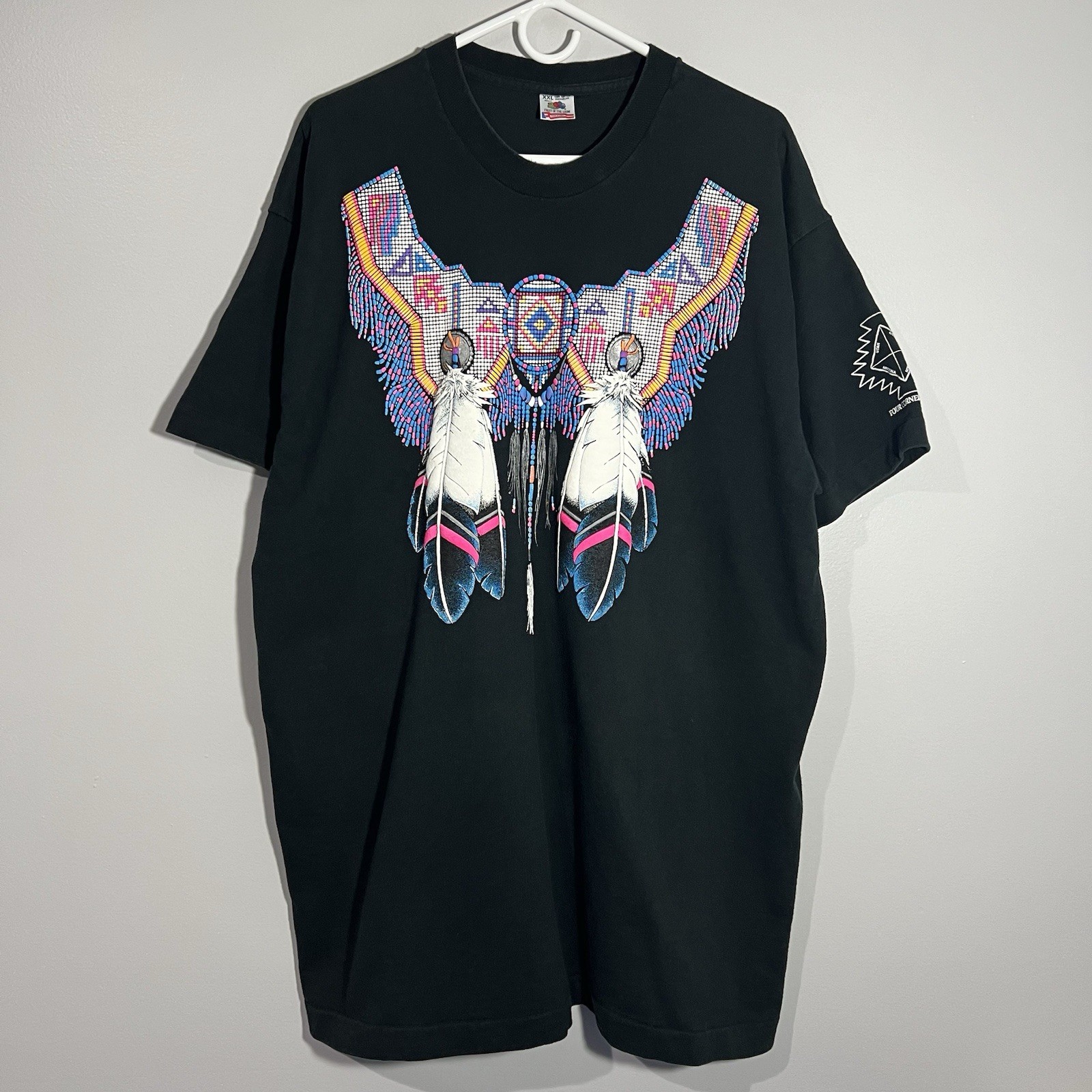 Vintage Four Corners USA Beaded Feather Black Single Stitch T-Shirt Adult XXL
