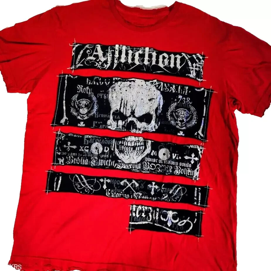 Affliction T Shirt Men XL Red Black Gray Silver Foil Patch Skull USA Distressed