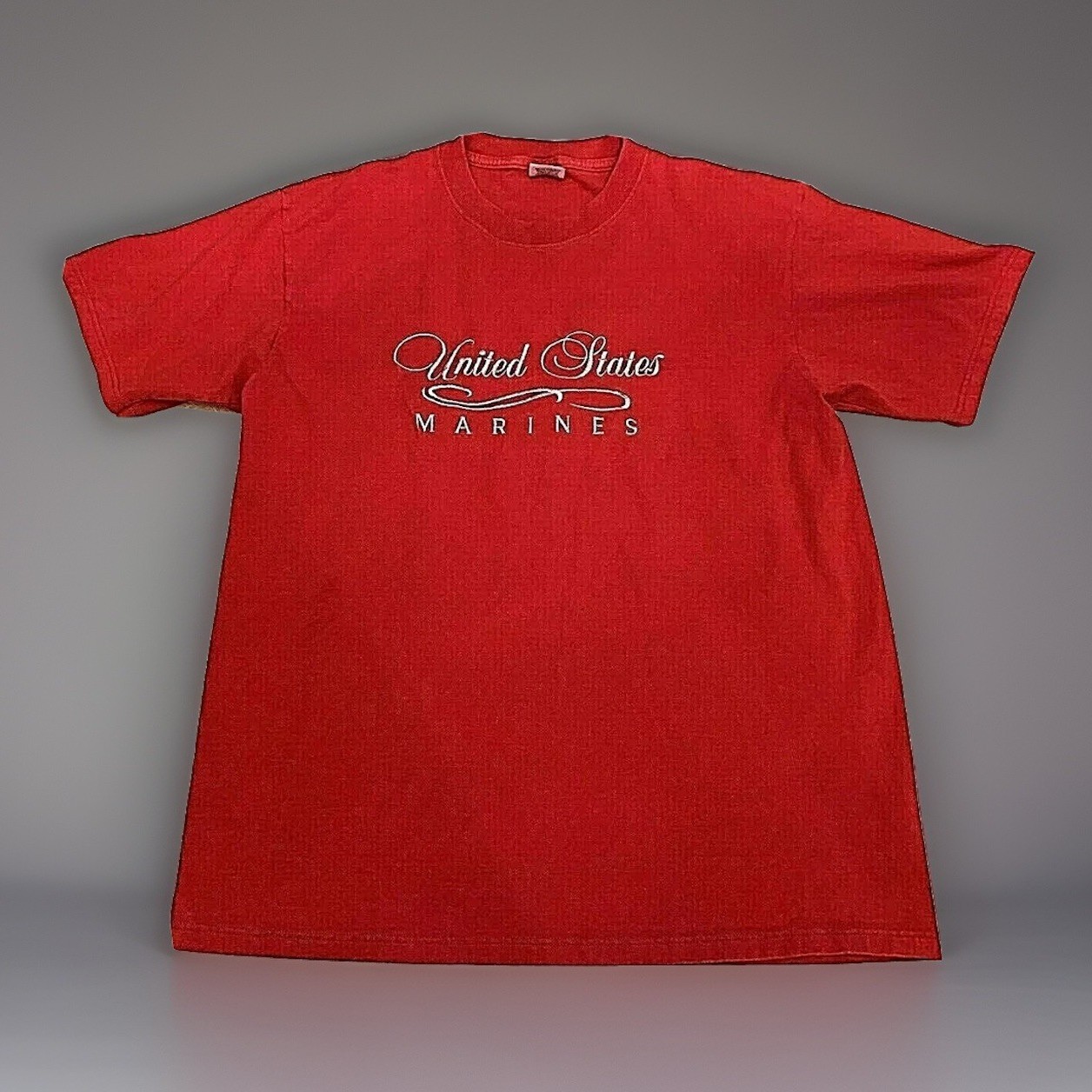 Vtg United States Marine Corps Script Logo T Shirt LARGE M.J. Soffe Semper Fi