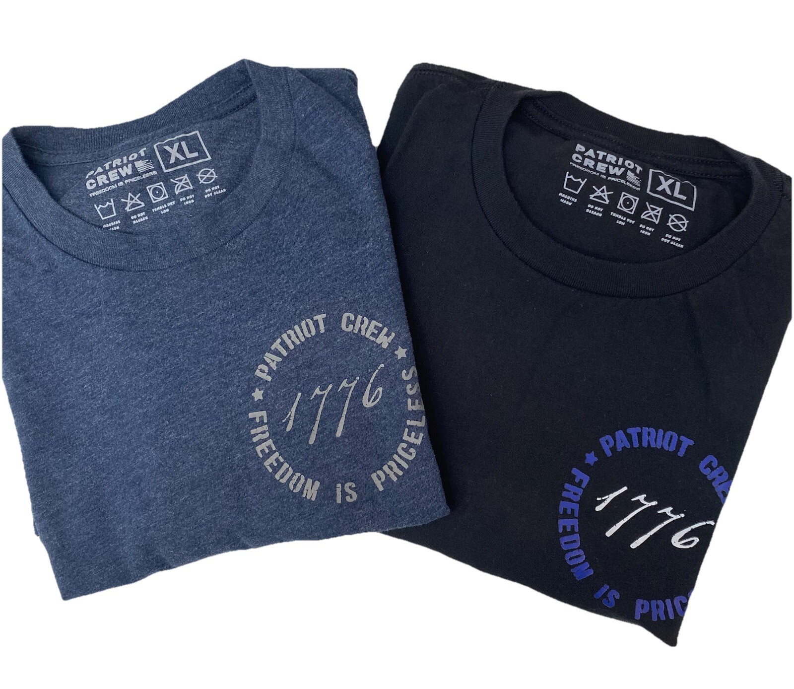 Two Men’s Patriot Crew T-Shirts Black & Blue Short Sleeve XL Logo Front & Back