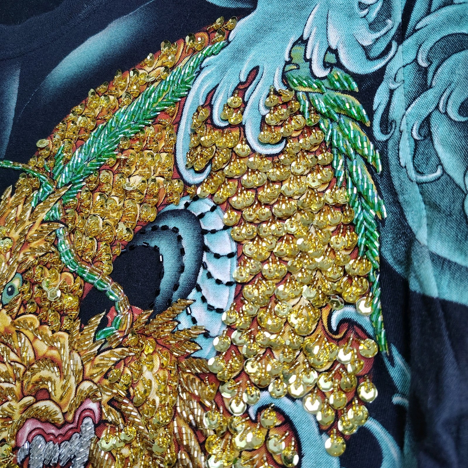 TARMAFIA Year of the Dragon Handmade Sequin & Beaded Mens L Shirt Power Fortune