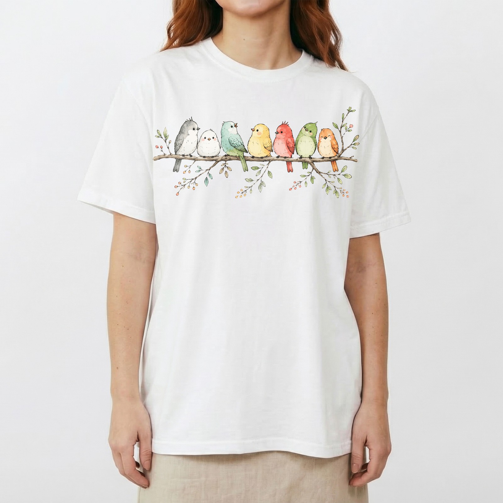 Cute Colorful Birds Branch T-Shirt Adorable Bird Family Tee