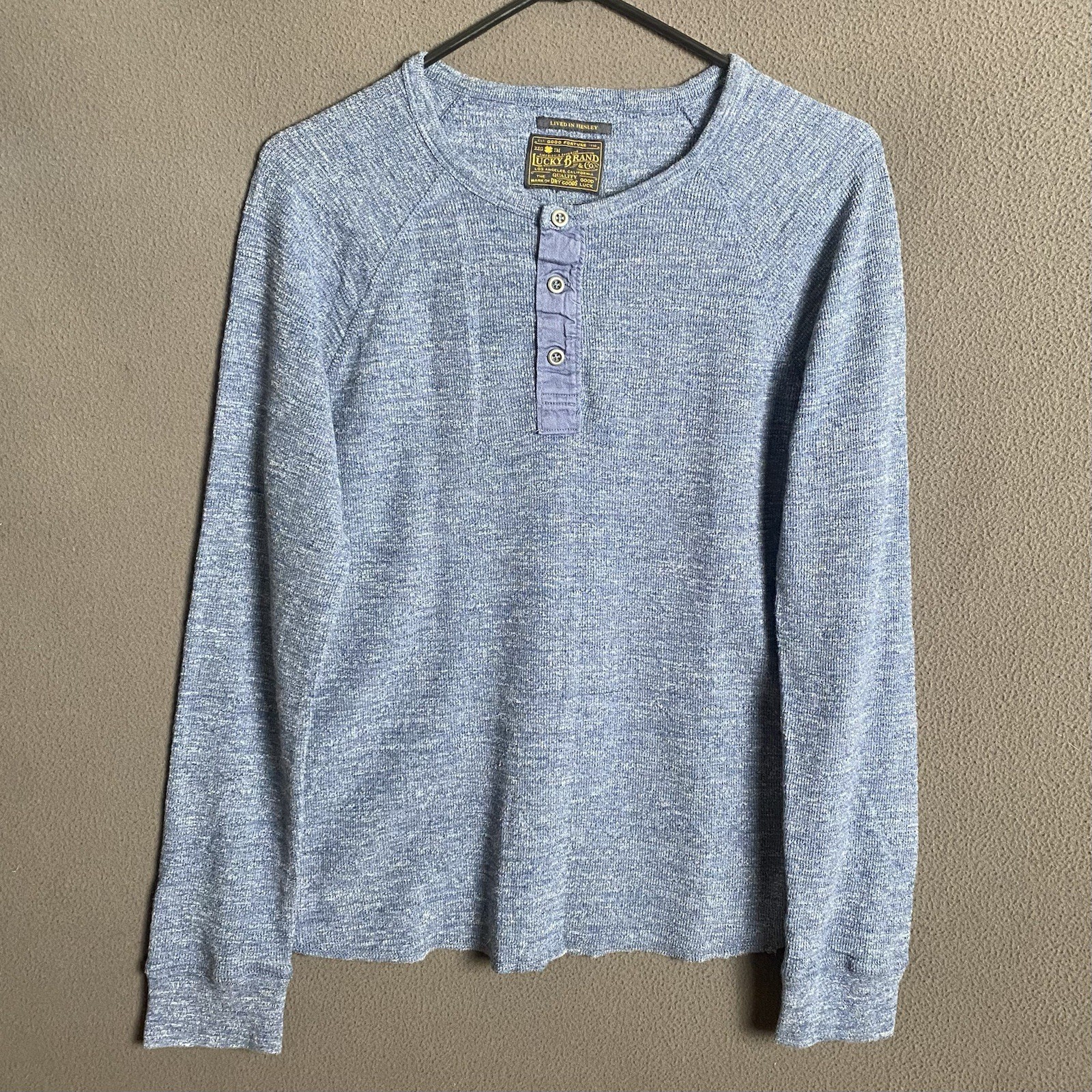 Lucky Brand Mens Henley Shirt Small Blue Heathered Button Placket Texture Lounge