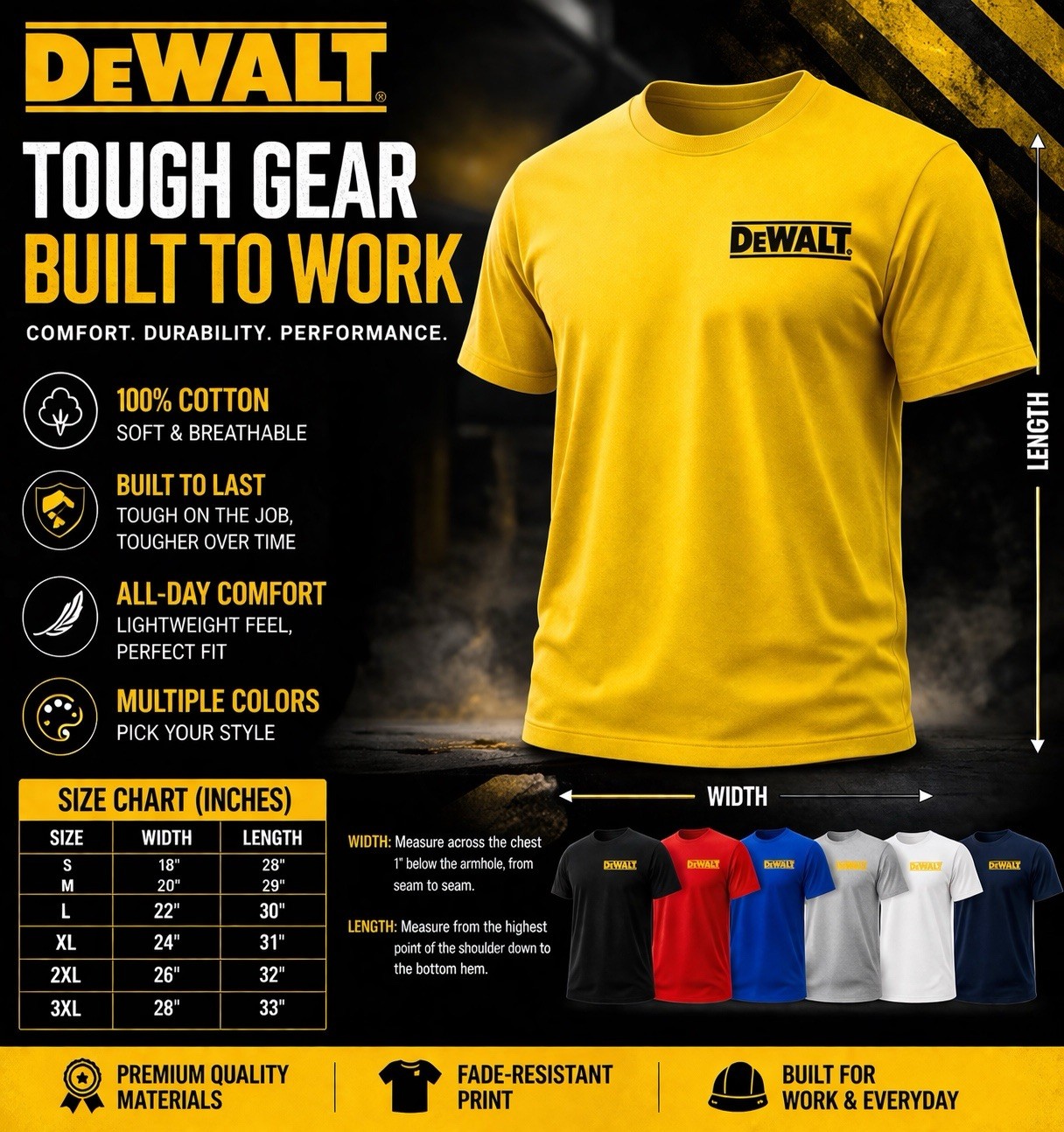 DeWALT Style T-Shirt 100% Cotton Workwear Tee Dewalt Clothing S-3XL DeWalt drill