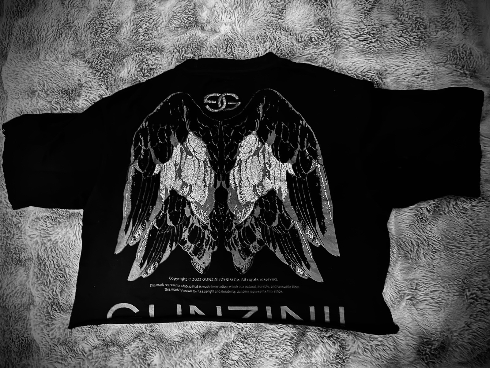 GUNZINII Angel Wings Graphic Print Black Cotton Men’s T-Shirt L Embroidered