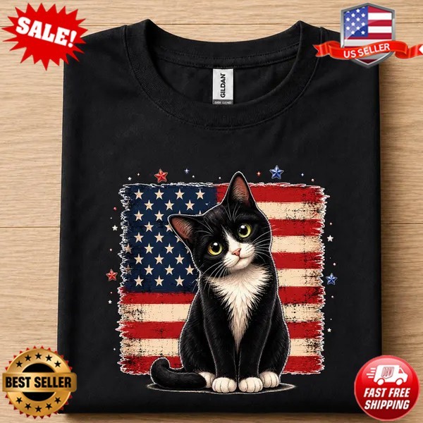 Patriotic Tuxedo Cat 4th of July Shirt, American Flag Cat Lover T-Shirt | S-5XL