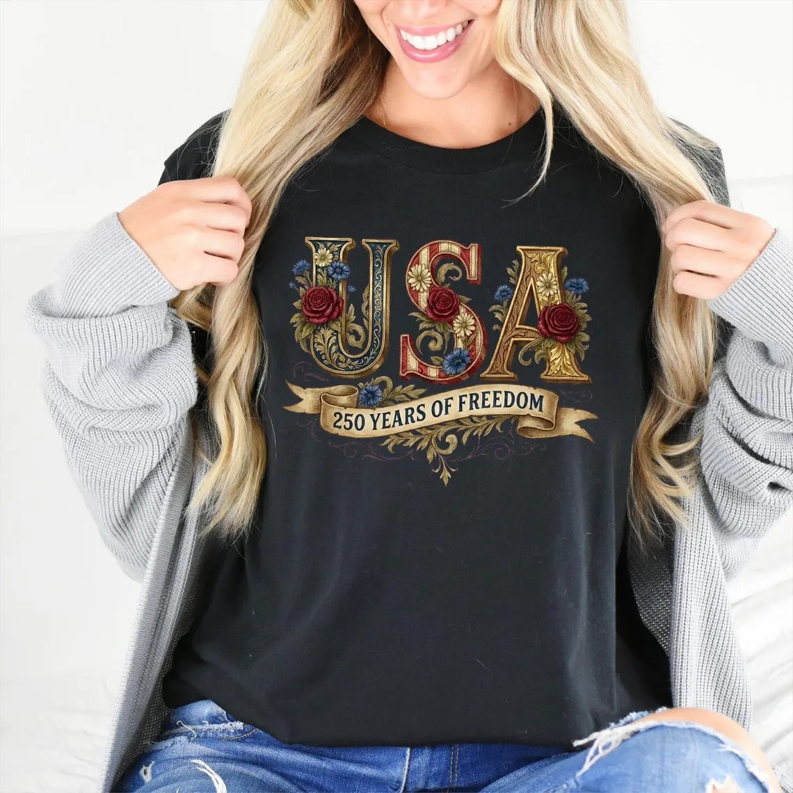 Retro USA 250 Shirt: Floral Patriotic Tshirt Independence Day Celebration