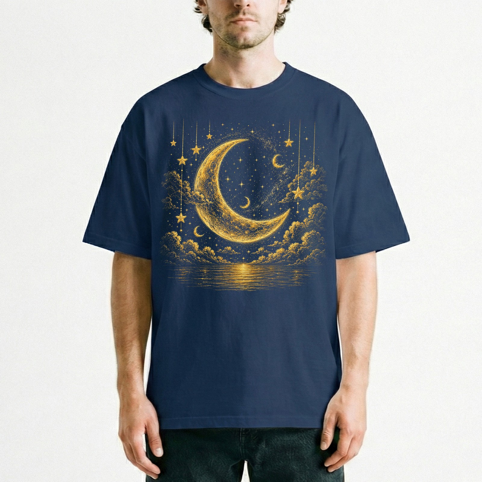 Golden Crescent Moon Stars T-Shirt Mystic Night Sky Reflection Tee
