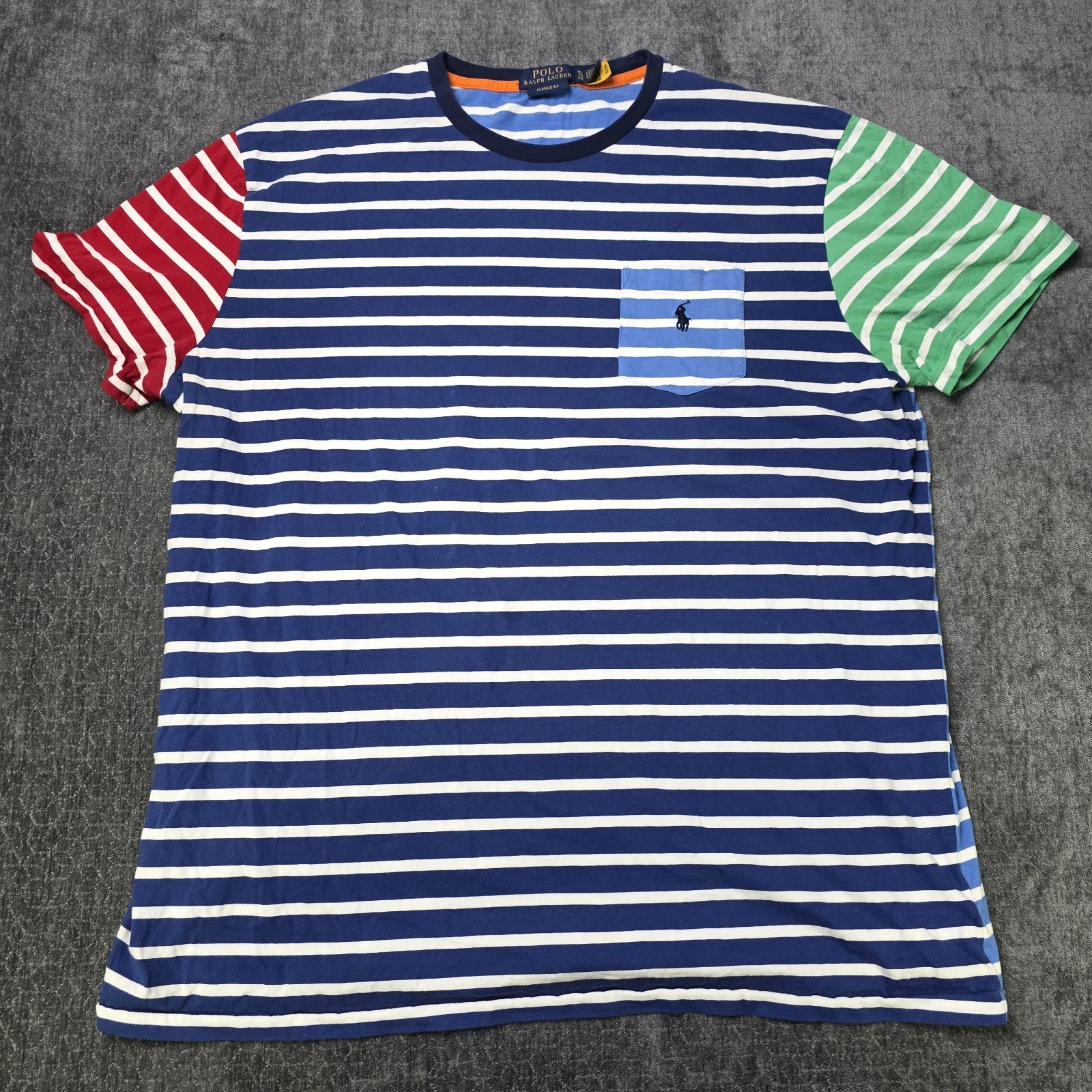 Polo Ralph Lauren Colorblock Pocket T Shirt Mens XL Blue Striped Cotton Retro