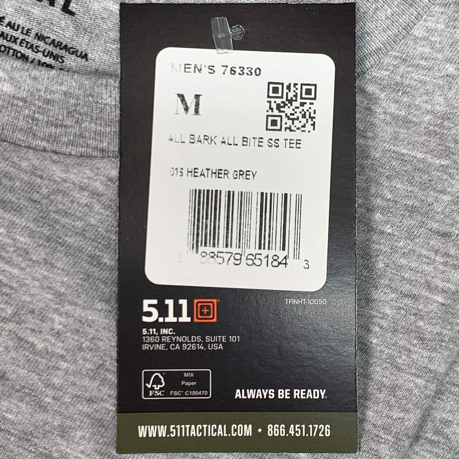 5.11 TACTICAL All Bark All Bite T-Shirt Cotton Polyester 016 Heather Grey Sz M