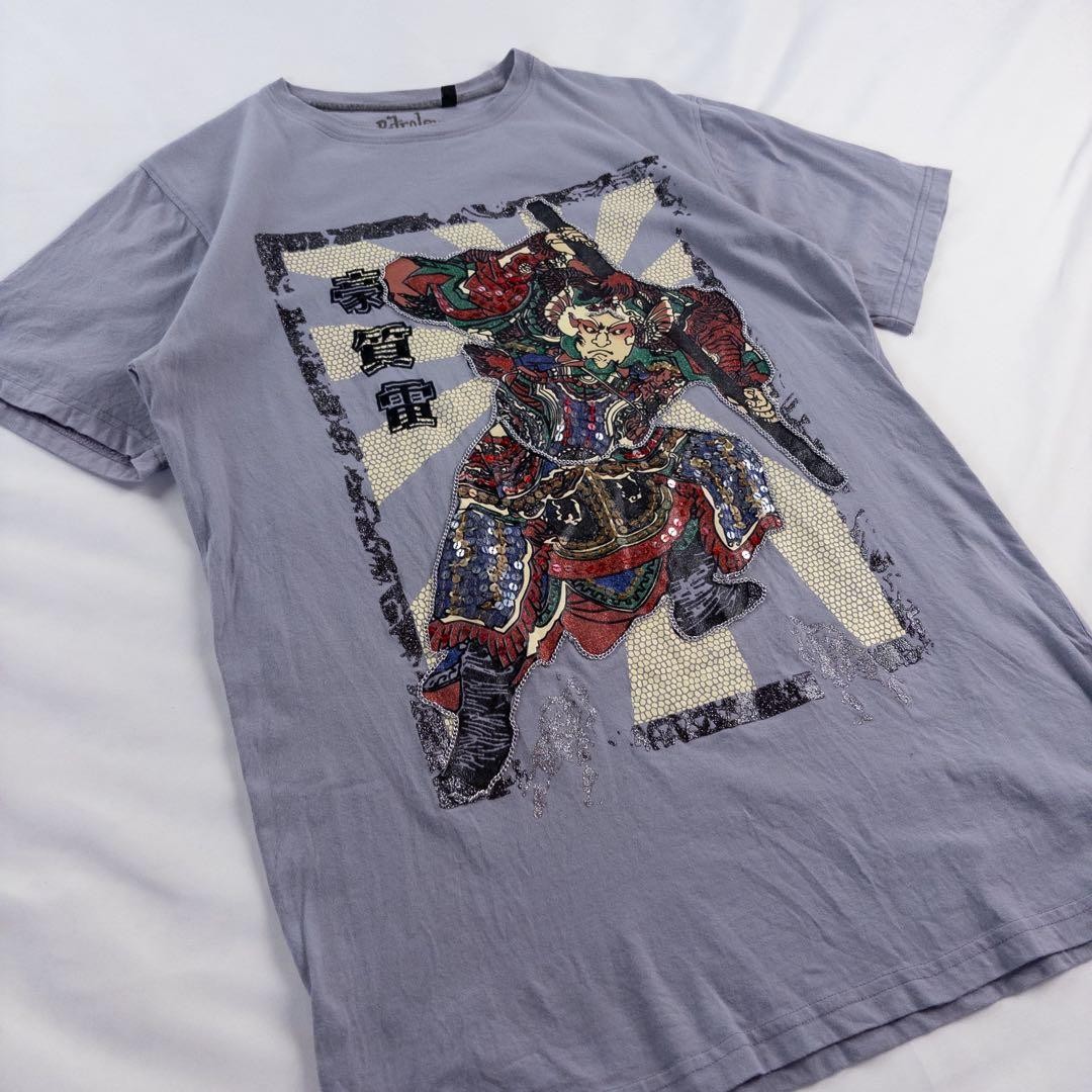 Vintage Petroleum Ukiyo-e Samurai Sequin Beaded Print T-Shirt Ash Purple M