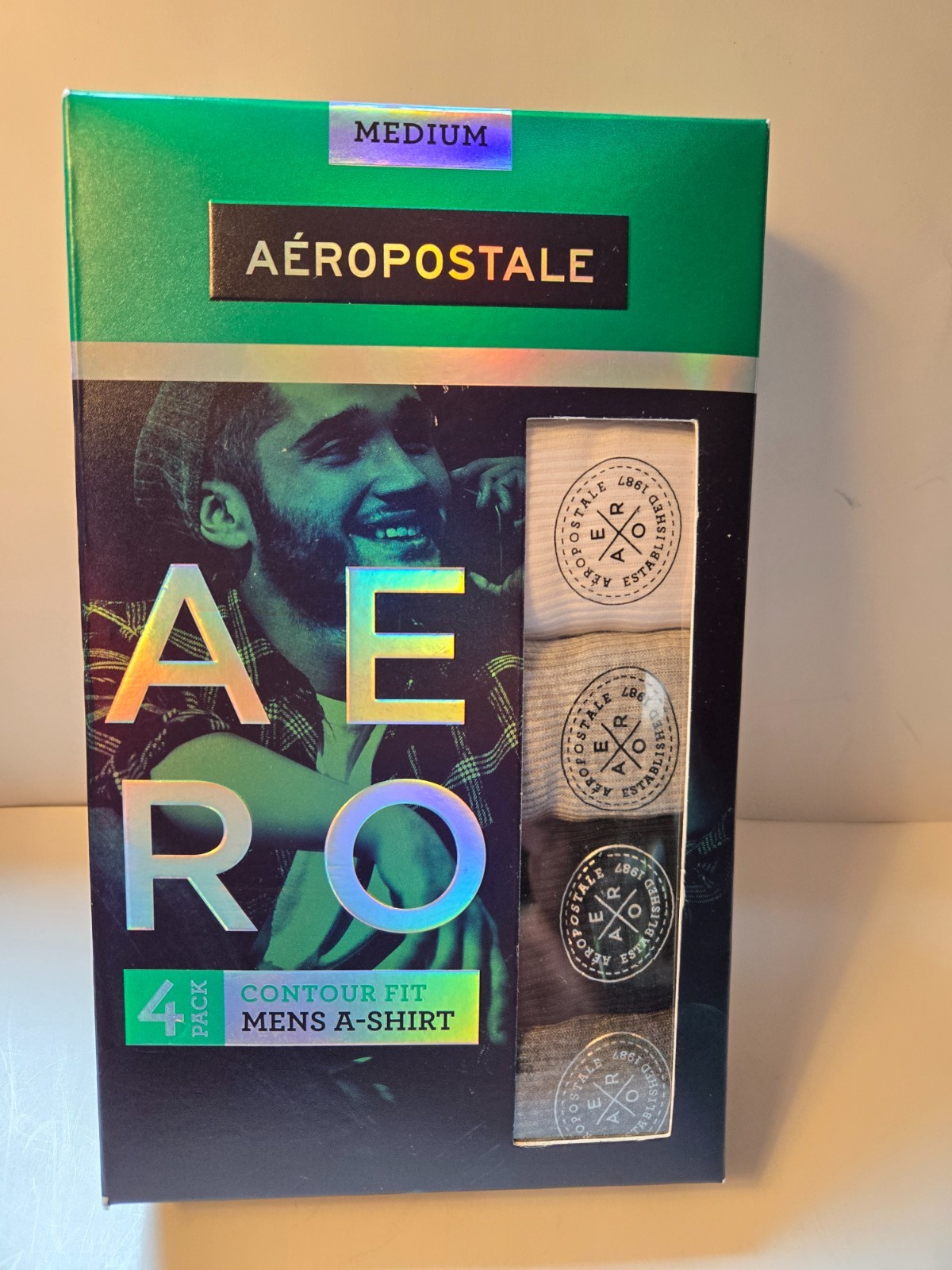 AEROPOSTALE 4Pack Men Med Logo Ribbed Tanks A Shirt Black Charcoal Gray White