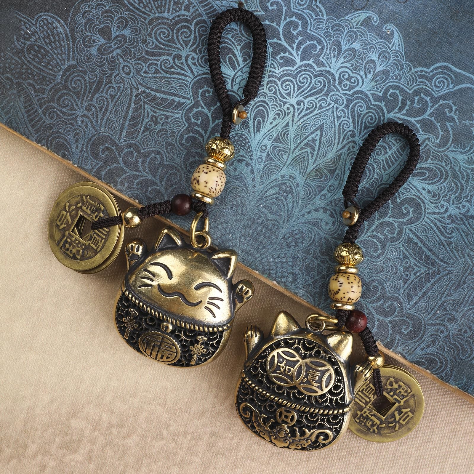 Brass Lucky Cat Keychain with Five Emperors Money Feng Shui Coins, Maneki Nek…