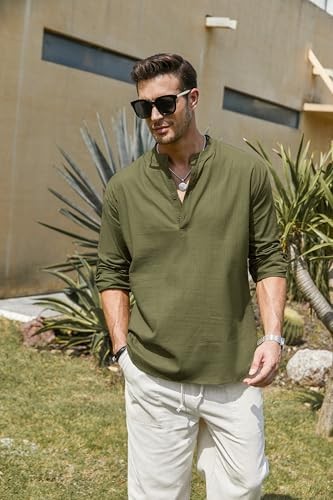 Men’s Shirt Long Sleeve Army Green Relaxed Fit Summer Cotton,Linen Lightweight