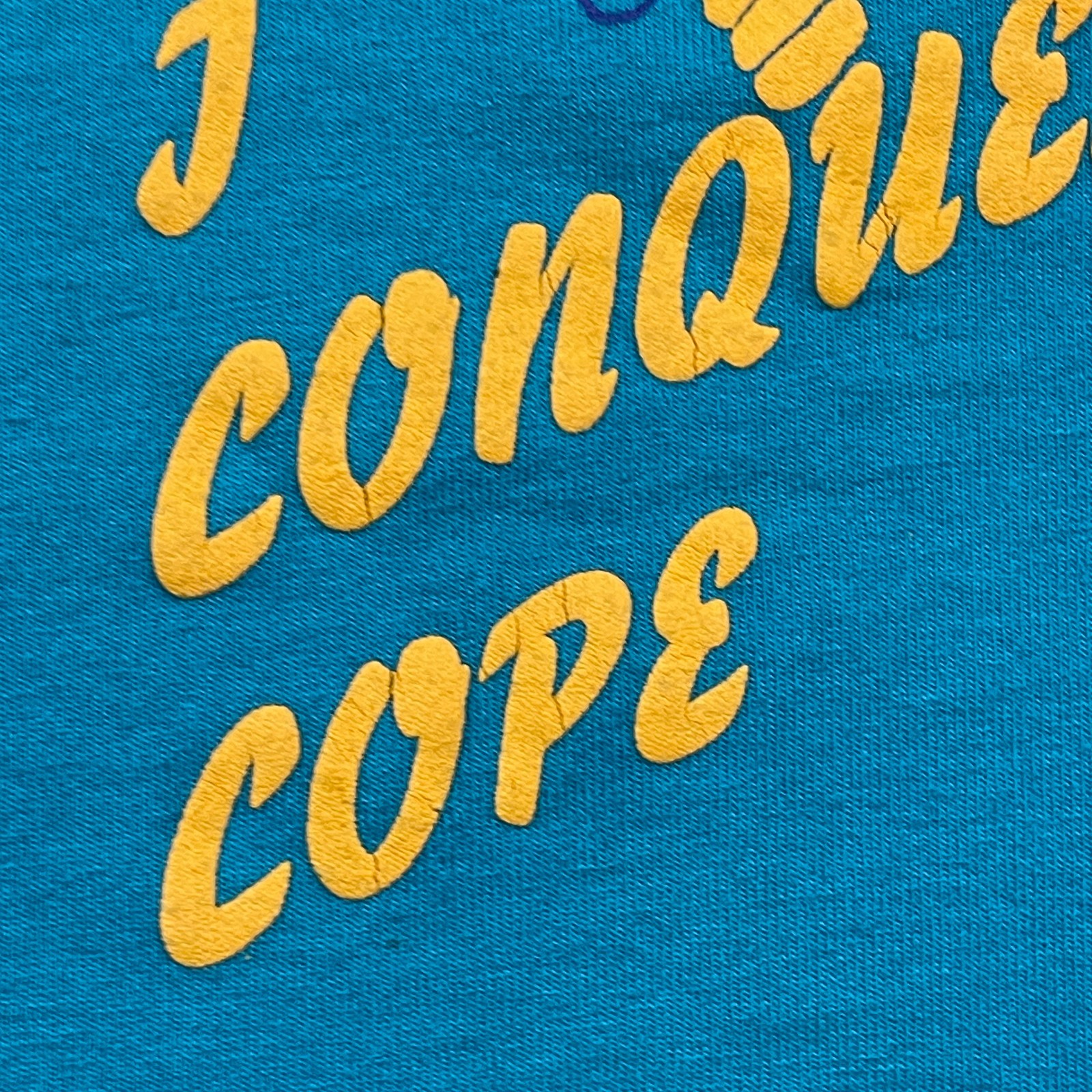 Vintage 90s I Conquered Cope Rock Climbing Shirt Large 22×28 Turquoise Blue