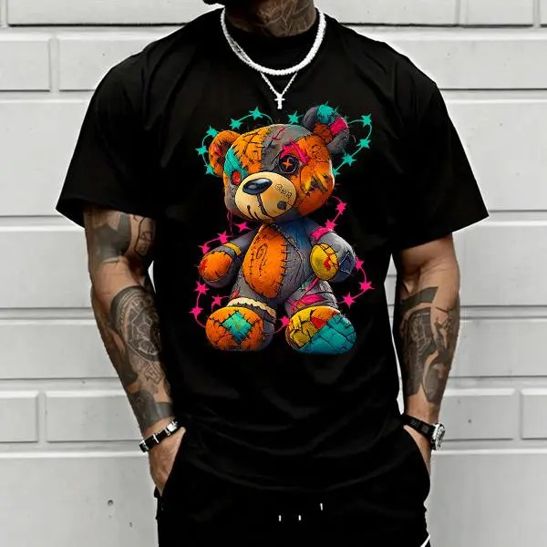 Men’s Loose Street Style T-Shirt — Colorful Patchwork Teddy Bear Graffiti