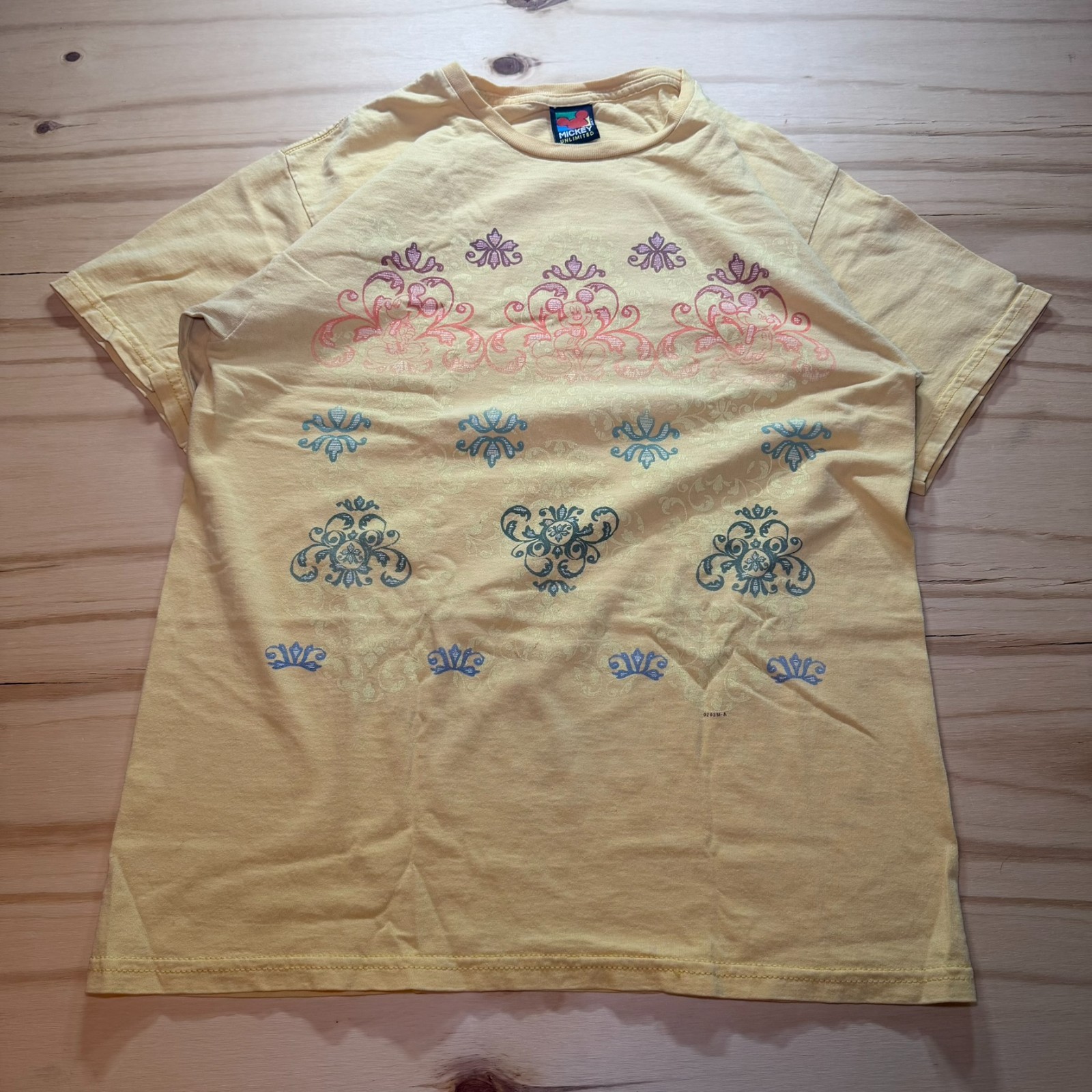 Vintage 90s Disney Mickey Unlimited Yellow Tribal Graphic T-Shirt Mens Medium