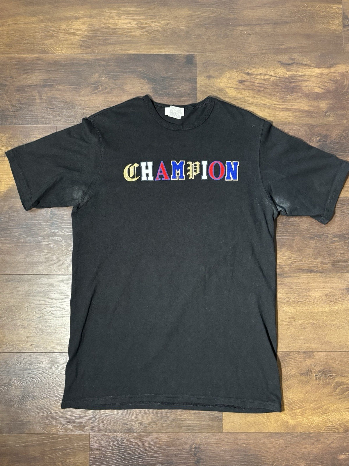 Champion Men’s Large Black T-Shirt Multicolor Old English Spellout Vintage Logo