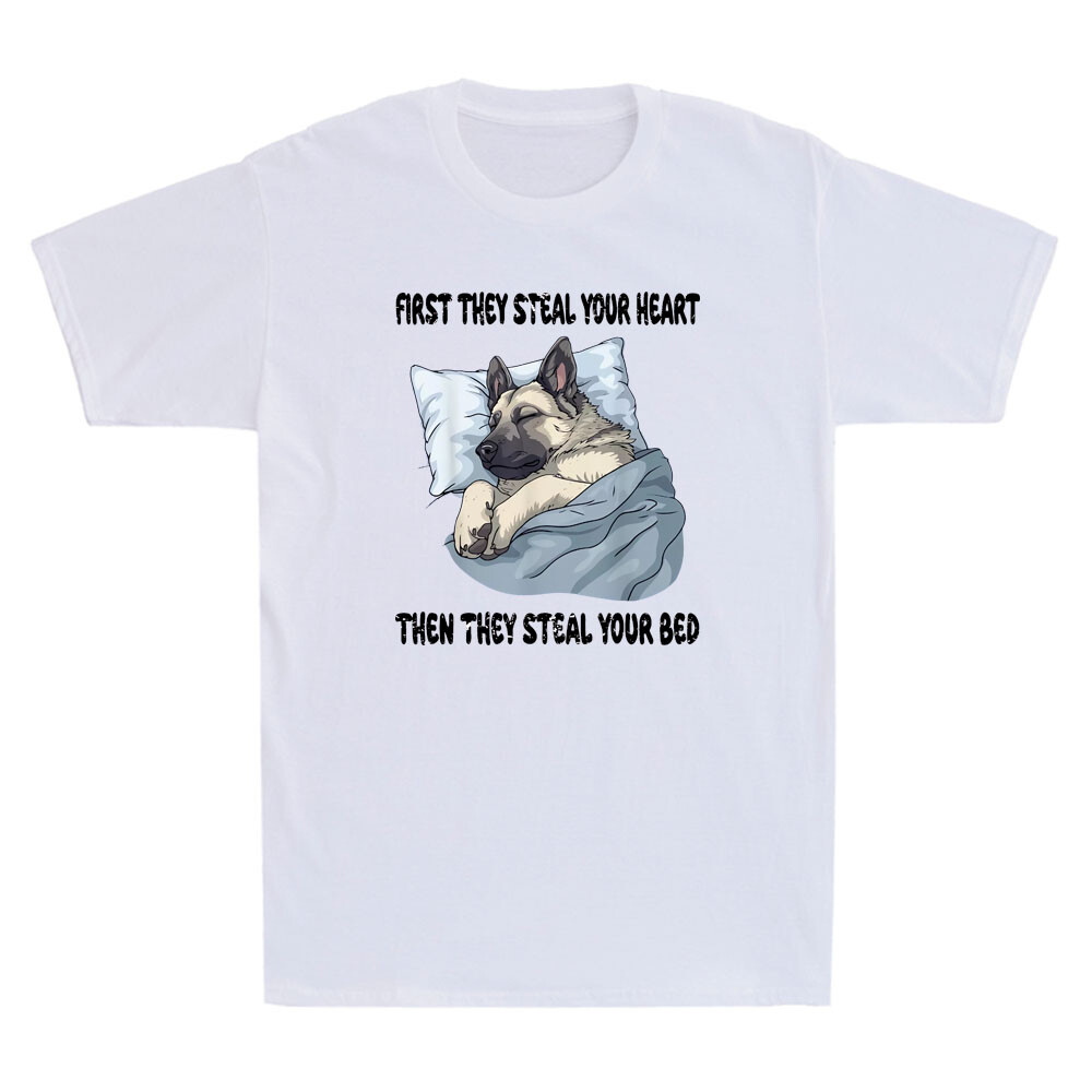 First They Steal Your Heart Funny Norwegian Elkhound Sleeping Meme Men’s T-Shirt