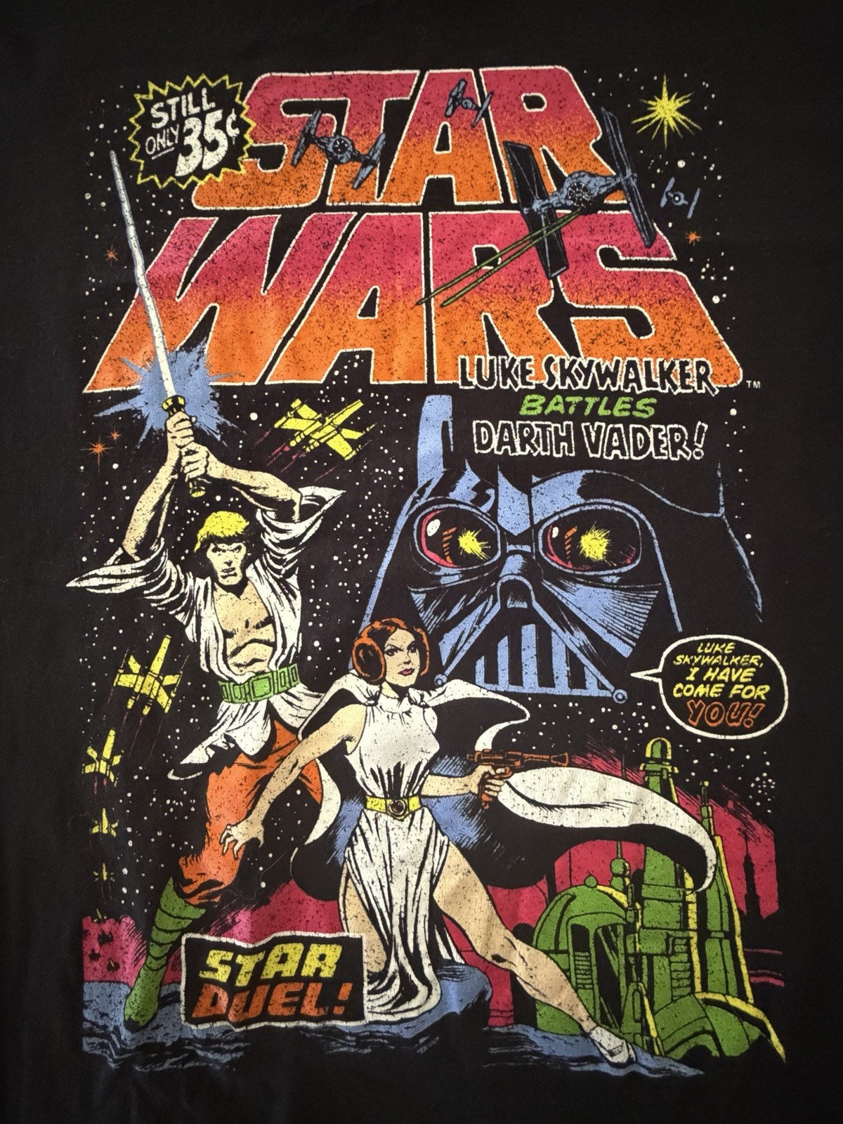 Star Wars Luke Skywalker vs Darth Vader Retro Comic Graphic T-Shirt Black Large