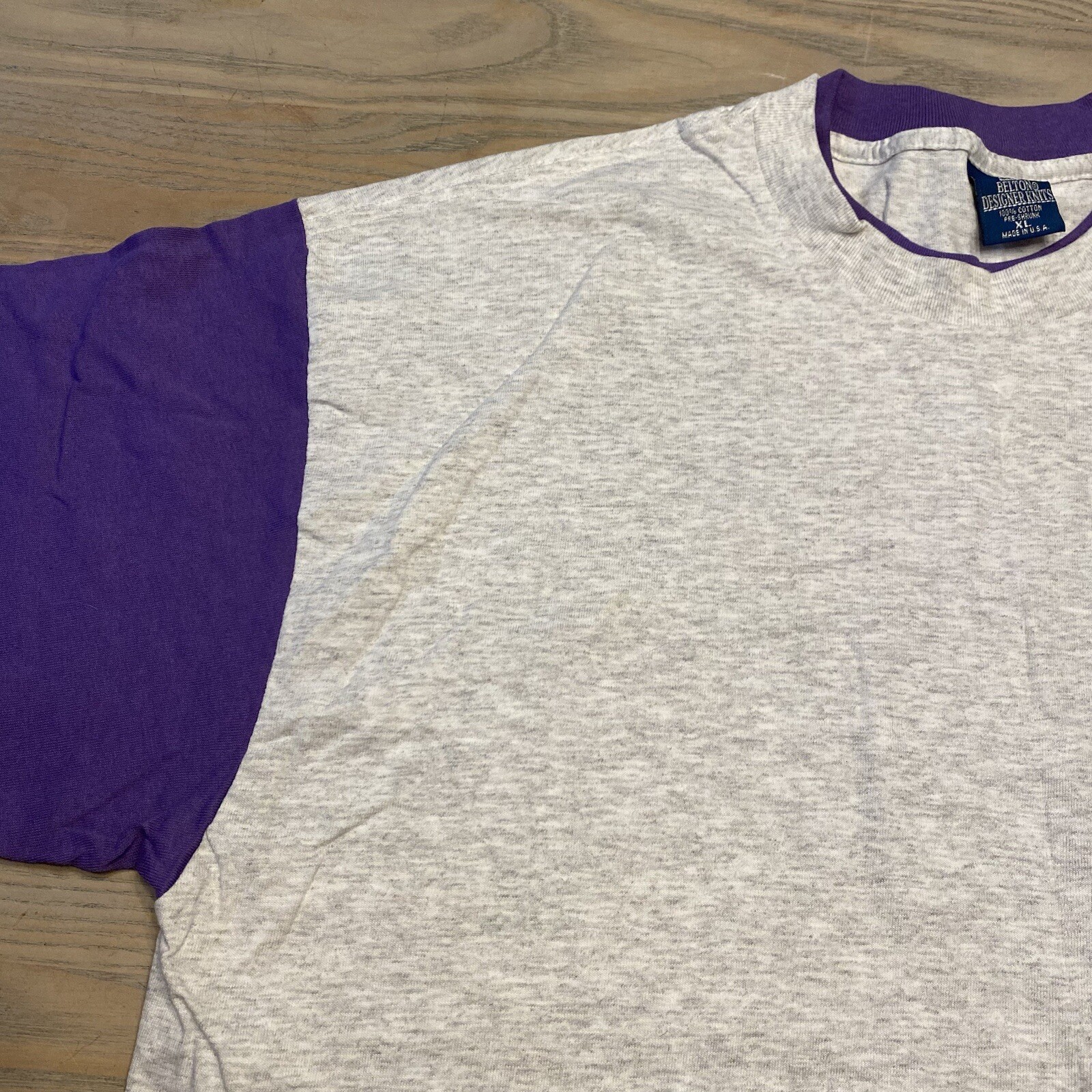 VTG Belton Designer Knits Gray Purple Contrast Sleeves Mens XL Single Stitch USA