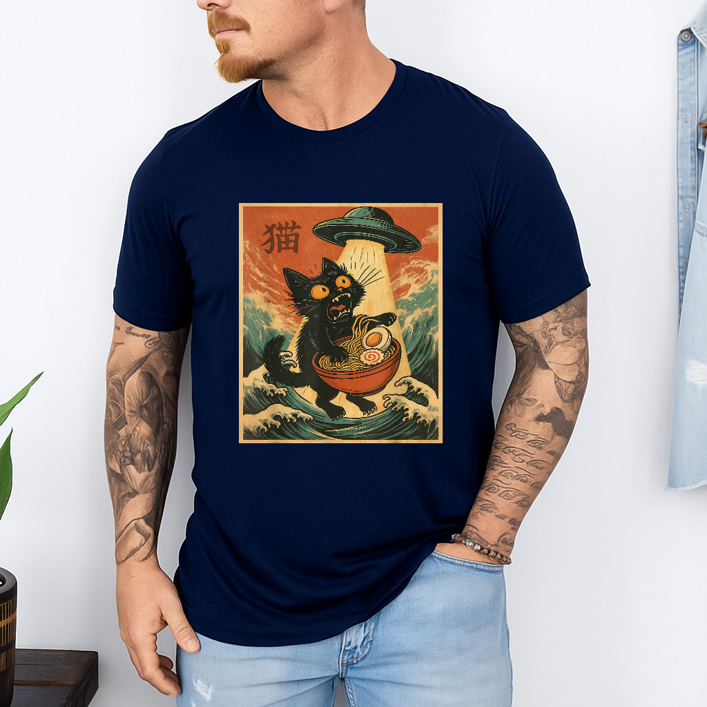 Cat Ramen UFO Funny Japanese Anime Tee Men Women Teens T-Shirt