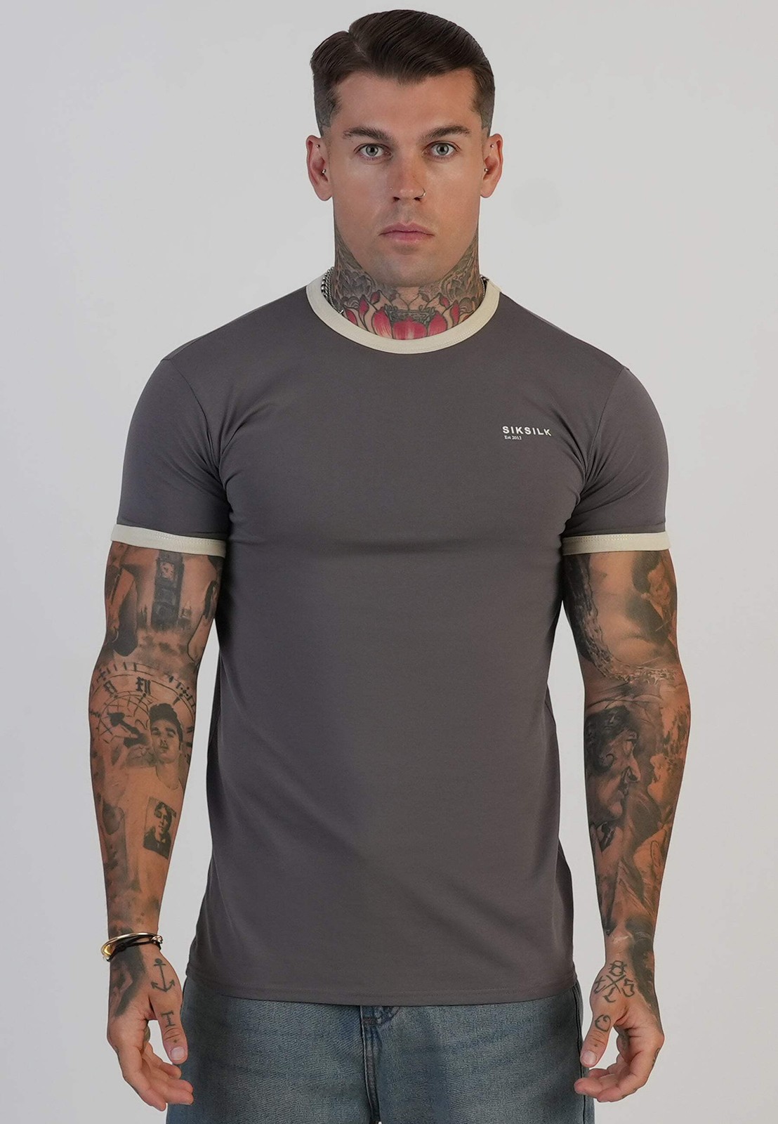 SikSilk Men’s Short Sleeved Crew Neck Muscle Fit Ringer T-Shirt Tee Grey and Ecr