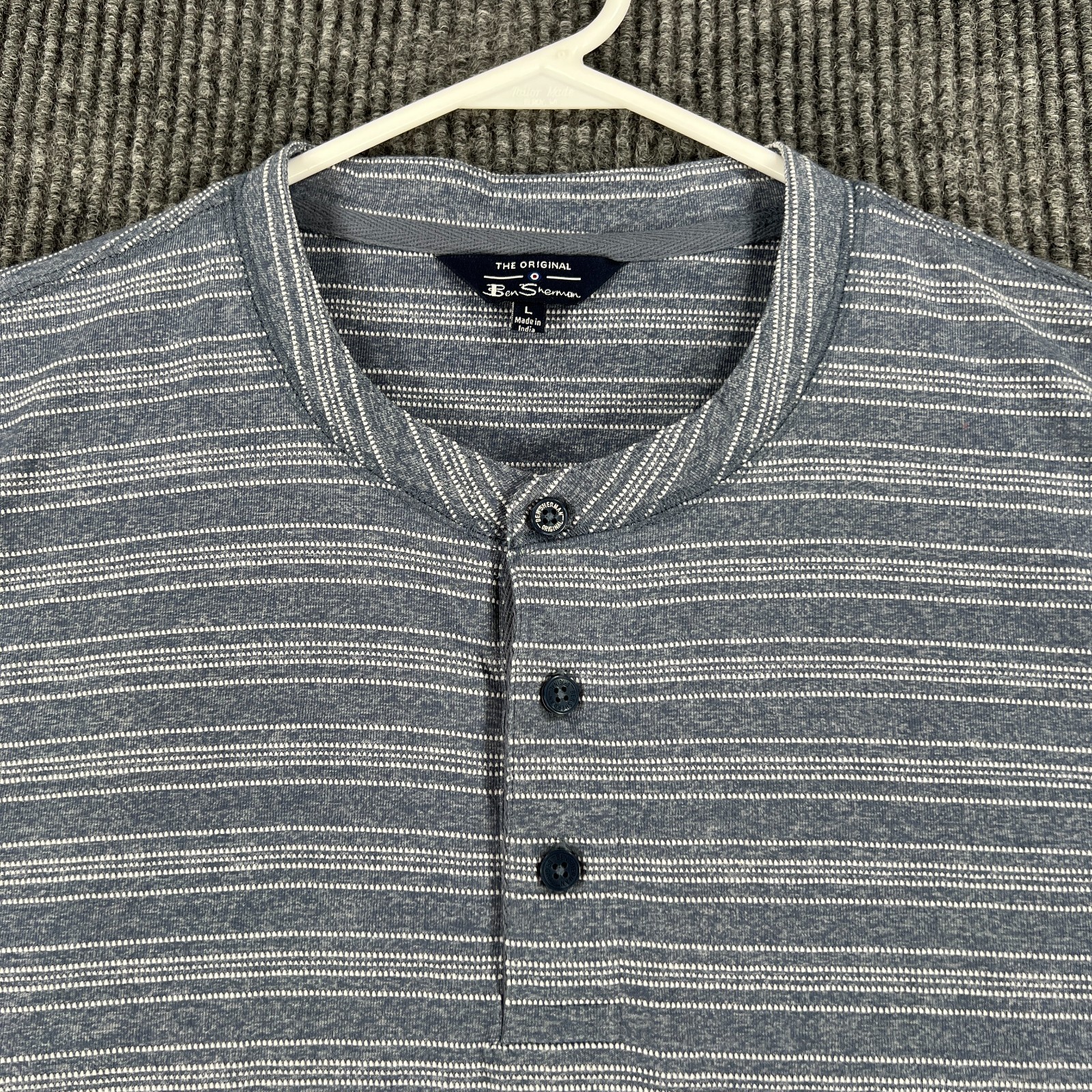 Ben Sherman Henley Shirt Mens Large Blue Striped Short Sleeve Casual Comfort