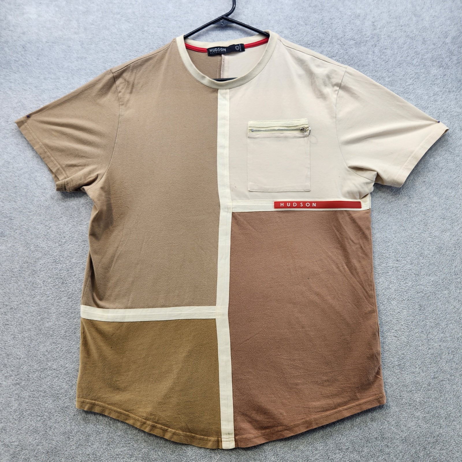 Hudson Outerwear Shirt Mens Large Beige Brown Patchwork Block Pocket Streetwear
