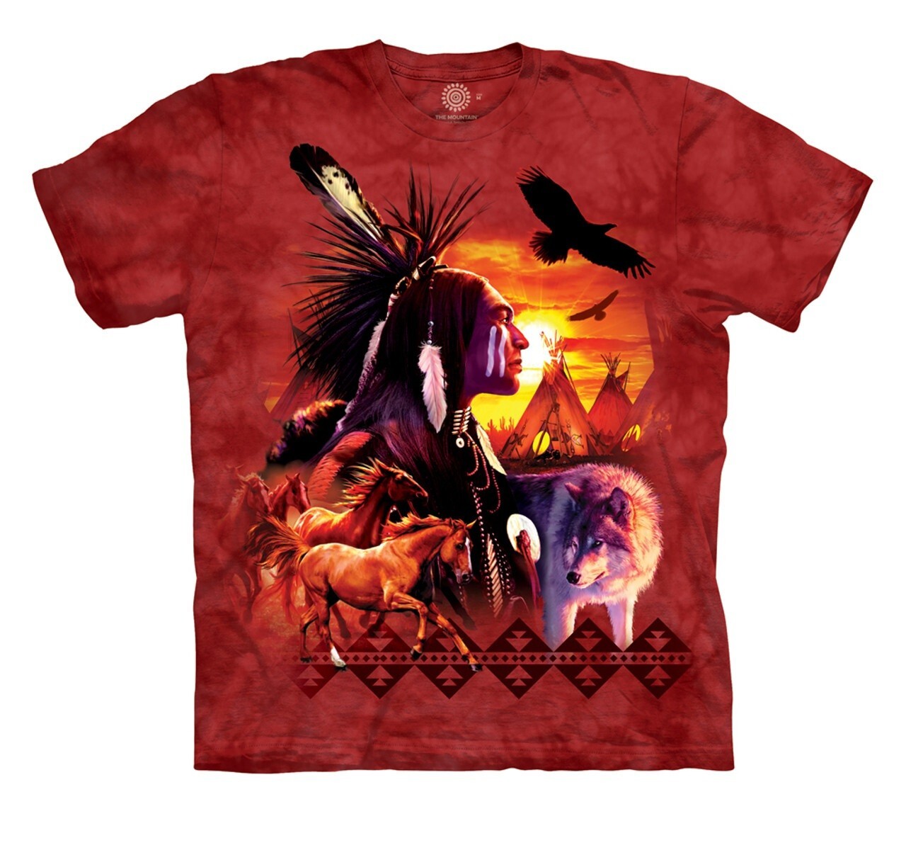 Wolf Horse Eagle Chief American Indian Collage Sunset Mountain Red Shirt S-3X