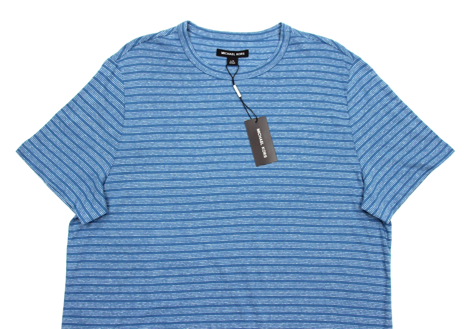 Michael Kors Shirt Mens Large Steel Blue Striped Linen Cotton Crew Neck Tee NWT