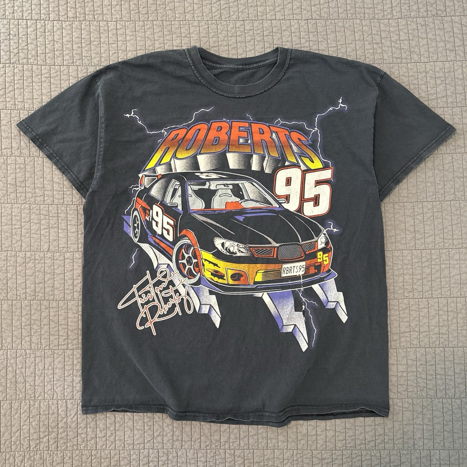 Roberts Racing T Shirt Men’s XL Black Faded Distressed Graphic Lightning Racecar