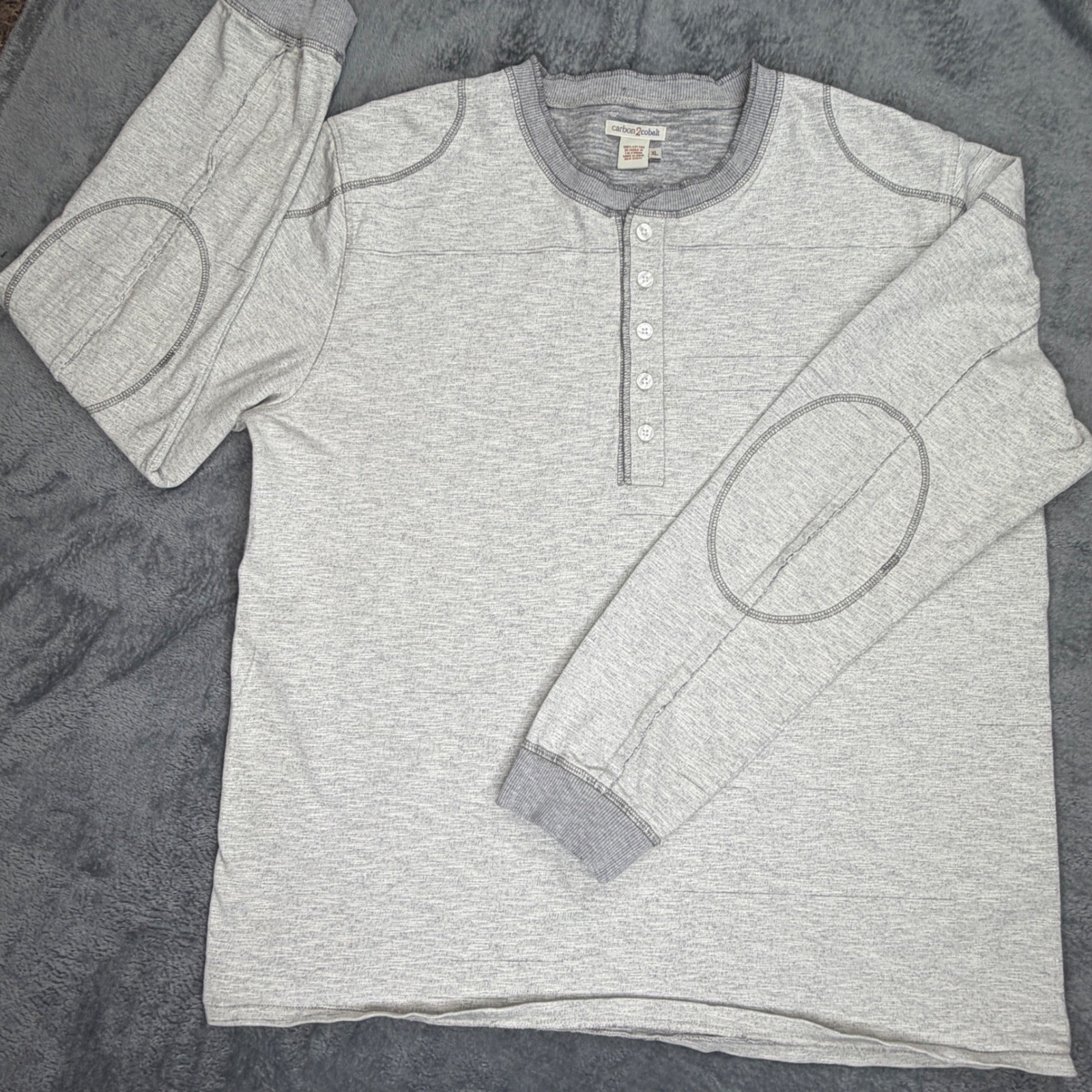 Carbon 2 Cobalt Mens XL Grey Cotton Henley Long Sleeve Shirt Elbow Patches