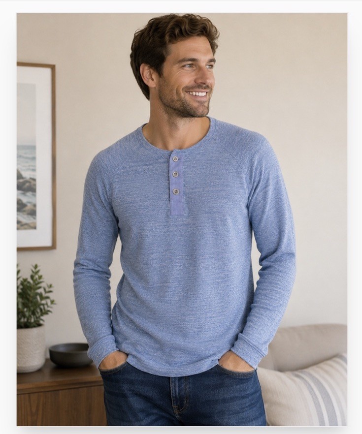 Lucky Brand Mens Henley Shirt Small Blue Heathered Button Placket Texture Lounge