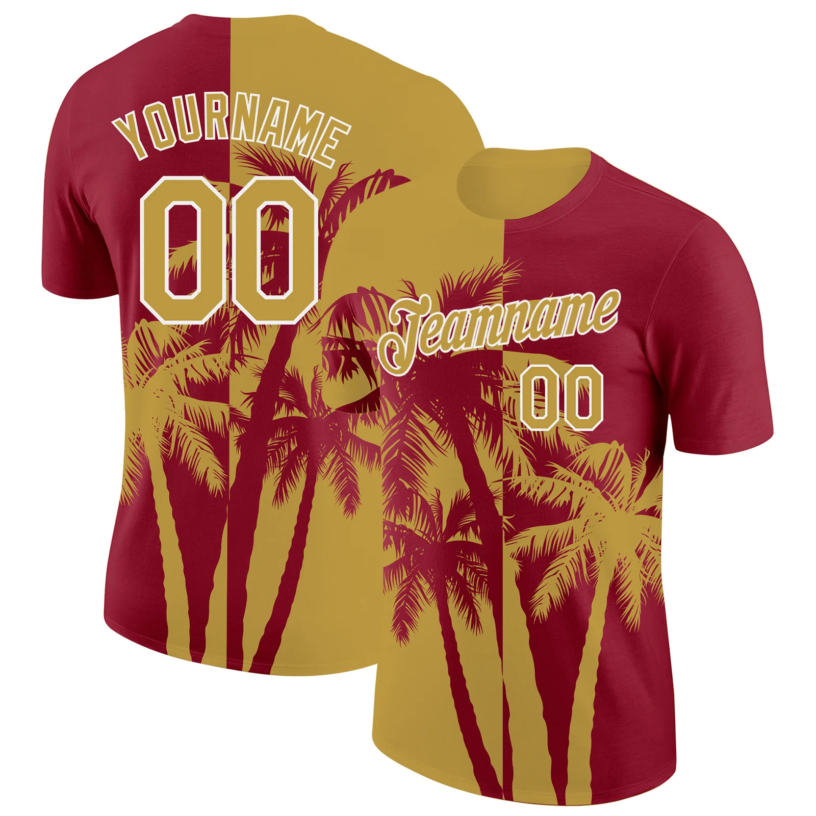 Custom Crimson Old Gold White Hawaii Palm Tree T-Shirt Tropical Summer Beach