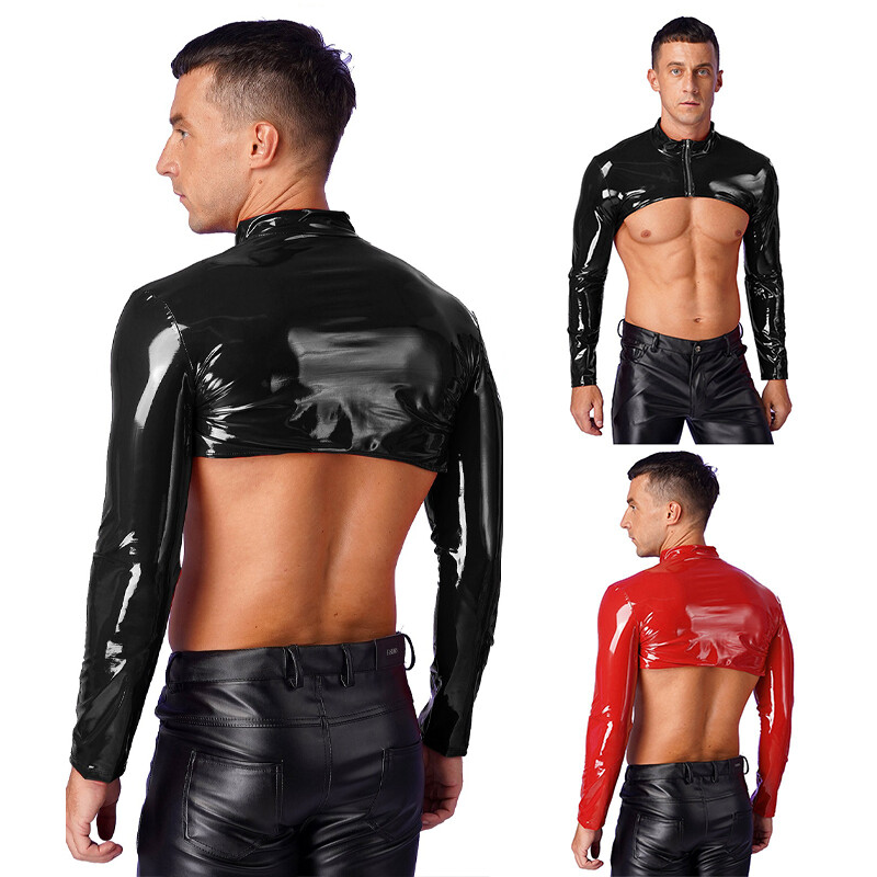Mens Patent Leather Long Sleeve Tank Top Zipper Half Shrug Muscle Nightclub Tops
